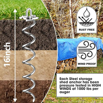 Eurmax USA 4-Pc Pack Spiral Stakes Heavy Duty Anchor Kit Ice Screw Anchor for Trampoline, Tents, tarps, Canopies,car Ports,Dog tie Out and etc Bonus Tie Down Straps 4-Pc Pack (Silver)