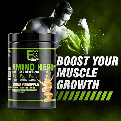 FXSUPPS Amino Hero Diced Pineapple Flavor(25 Servings)|Post-Workout Recovery Drink for Men and Women|Energy Powder Mix with BCAA, EAA, and Electrolytes|Promotes Endurance and Healthy Muscles - 1 Pack