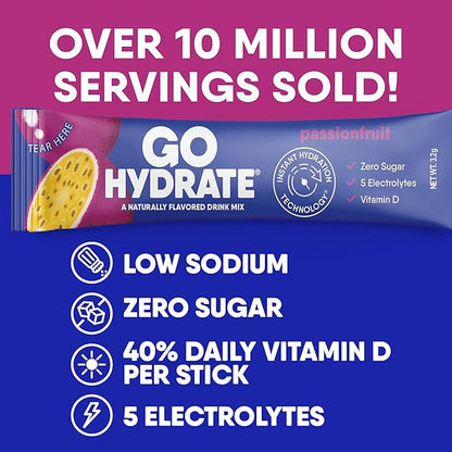 GoHydrate Instant Hydration Powder Packets - Low Sodium Electrolytes Drink Mix - Natural Hydration Support, Sugar Free Electrolyte Flavored Powder Drink with Vitamin D, 30 Packs, Passion Fruit
