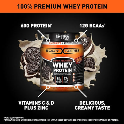 Body Fortress Super Advanced Whey Protein Powder, Cookies N??Creme, 60g Protein & 12g BCAAs Per 2 Scoops, Muscle Gain & Recovery, Immune Support with Vitamins C & D, 1.78lbs (Packaging May Vary)