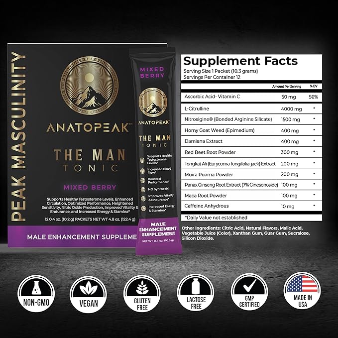 Titan Tonics ANATOPEAK Vitality Support Supplement ??Natural Performance Blend with Nitrosigine, L-Citrulline, Horny Goat Weed & Tongkat Ali ??for Energy, Stamina & Wellness ??12 Stick Packs