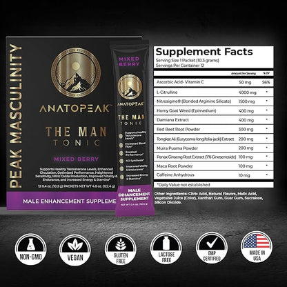 Titan Tonics ANATOPEAK Vitality Support Supplement ??Natural Performance Blend with Nitrosigine, L-Citrulline, Horny Goat Weed & Tongkat Ali ??for Energy, Stamina & Wellness ??12 Stick Packs