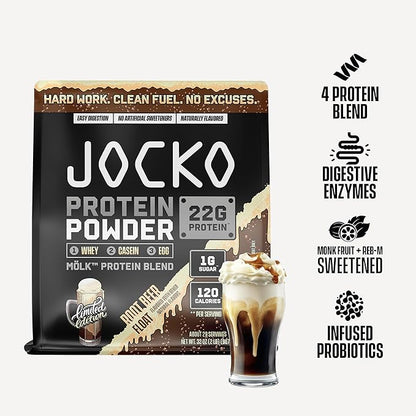 Jocko Fuel Mölk Whey Protein Powder - Keto, Probiotics, Digestive Enzymes, Amino Acids, Low Sugar Monk Fruit Blend - Supports Muscle Recovery & Growth (29 Servings, Root Beer Float)
