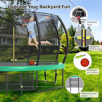 12 14 15 16FT Trampoline Outdoor with Basketball Hoop, Trampoline with Lights for Kids and Adults, Recreational Trampolin with Sprinkler, Stakes