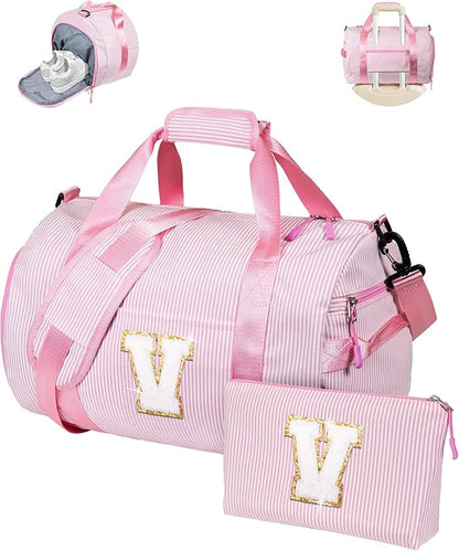 Girly Trendy Stuff, Girl Gym Bag, Kids Initial Overnight Duffel Bags with Shoe Compartment, Personalized Travel Bag with Makeup Pouch, Dance Gift for 5 6 7 8 9 10 11 12 Years Old (Letter V)
