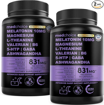 12-in-1 Melatonin Sleep Capsules - 10mg Melatonin Extra Strength with Magnesium and Balanced Blend of Ashwagandha, GABA, Chamomile Extract, L-Theanine & Valerian Root 10:1 Extract (90ct, Pack of 2)