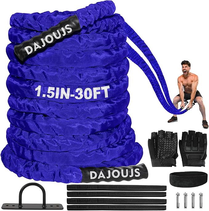 Battle Ropes for Home Gym 1.5Inch Diameter 30FT Lengths Workout Heavy Battle Ropes for Exercise Training Weighted Rope, Working Out Exercise Equipment with Protective Cove - Blue