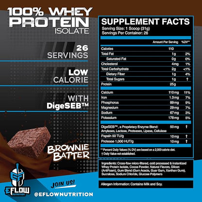 eFlow Nutrition 100% Whey Protein Isolate - Gluten & Lactose-Free Digestive Enzymes Added, Low Carb, Post Workout Shake, Fast Digesting for Optimal Muscle Recovery - Brownie Batter (26 Servings)