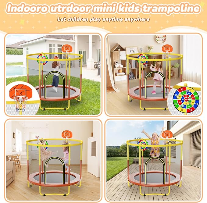 6FT Indoor Trampoline for Kids Ages 1-8, 72" Mini Toddler Indoor & Outdoor Trampoline with Safety Enclosure Net, Basketball Hoop & Dart Board, Birthday Gifts for Boys & Girls, Baby Toddler