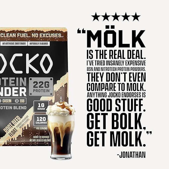 Jocko Fuel Mölk Whey Protein Powder - Keto, Probiotics, Digestive Enzymes, Amino Acids, Low Sugar Monk Fruit Blend - Supports Muscle Recovery & Growth (29 Servings, Root Beer Float)