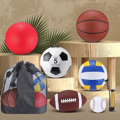 Leyndo 18 Pcs Sport Balls Bulk Set Basketball Football Volleyball Soccer Playground Baseball with Sport Equipment Bag Pump for Outdoor Indoor Practice Gift