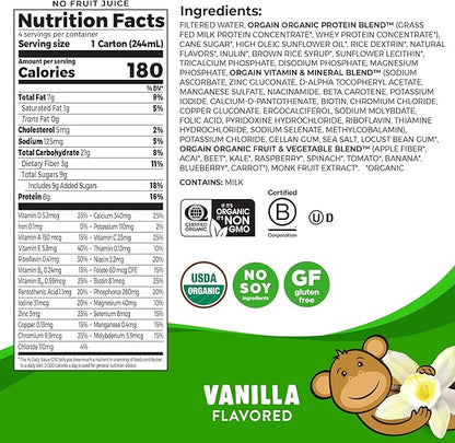 Orgain Organic Kids Protein Nutritional Shake, Vanilla - 8g of Protein, 22 Vitamins & Minerals, Fruits & Vegetables, Gluten Free, Soy Free, Non-GMO, 8.25 Oz, 12 Ct (Packaging May Vary)