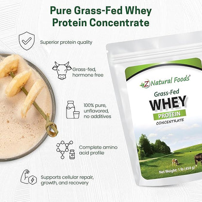 Z Natural Foods Grass-Fed Whey Protein Concentrate - Clean Whey Protein Powder from New Zealand - Cold Processed Pure Whey Protein with Essential Amino Acids for Nutrition & Fitness, Unflavored, 1 lb