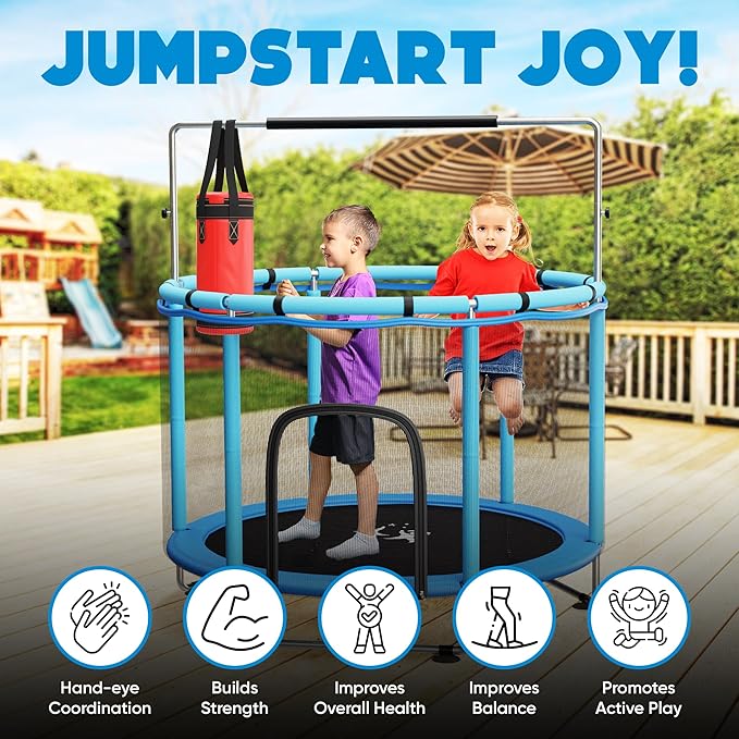 Toddler Trampoline for Kids Ages 3-8 - 5 ft Toddler Trampoline with Net, Basketball Hoop, Ocean Balls, Boxing Bag, Hammock - Indoor and Outdoor for Kids, Backyard