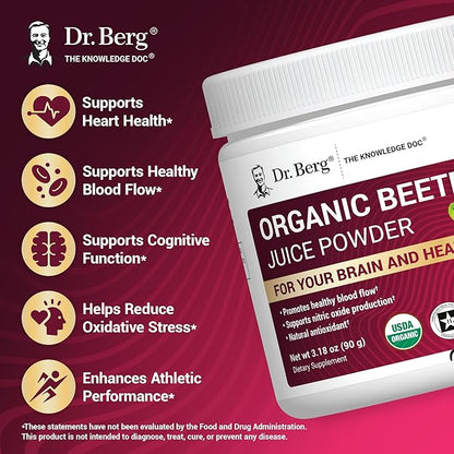 Dr. Berg Raw Organic Beet Powder from Real Earth-Grown Beets ??USDA Certified Organic Beet Root Powder to Support Nitric Oxide Levels, Energy, Blood Flow, & Heart Health* ??30 Servings