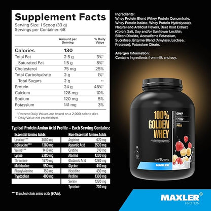 Maxler 100% Golden Whey Protein - 24g of Protein per Serving - Premium Whey Protein Powder for Pre Post Workout - Fast-Absorbing Whey Concentrate, Isolate & Hydrolysate Blend - Strawberry Banana 5 lb