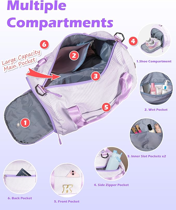 Trendy Stuff for Tween, Girl Gym Bag, Kids Initial Overnight Duffel Bags with Shoe Compartment, Personalized Dance Bag with Makeup Pouch, Gift for 3 4 5 6 7 Year Old Kid (Letter T)