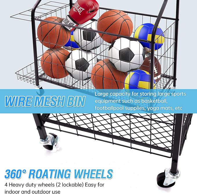 Sport euipment Storage, Garage Sports Equipment Organizer, Ball Storage Rack for Sport Gear, Rolling Sports Ball Storage Cart with Wheels, Indoor/Outdoor