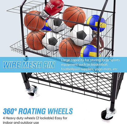 Sport euipment Storage, Garage Sports Equipment Organizer, Ball Storage Rack for Sport Gear, Rolling Sports Ball Storage Cart with Wheels, Indoor/Outdoor