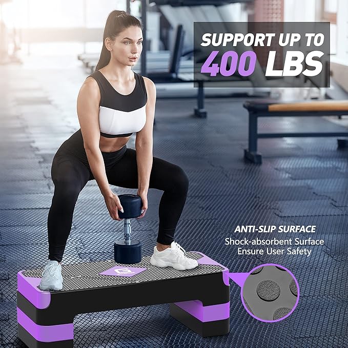 Aerobic Exercise Step, Adjustable Aerobic Stepper for Exercise, Workout Step Platform for Step Up, 26.5" Step Deck with 4??6??8??Adjustable Height Risers, Women Home Gym Cardio Fitness