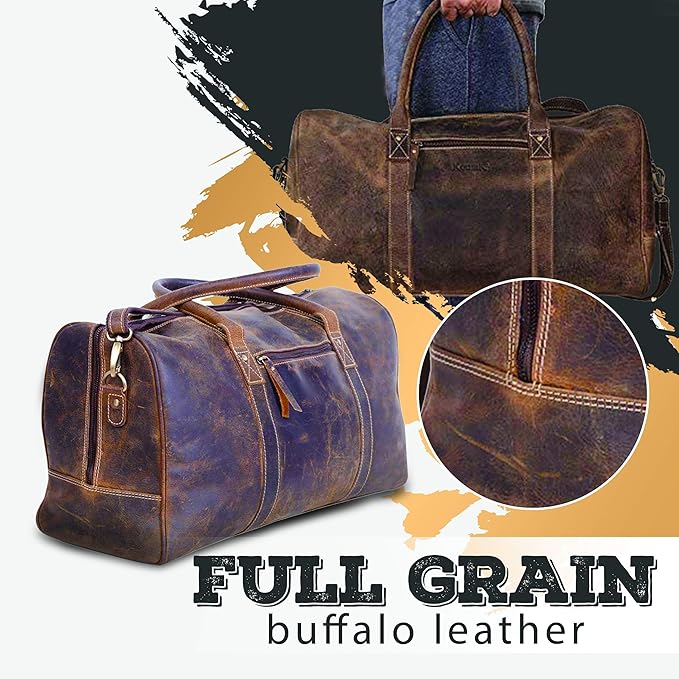 KomalC 24 Inch Leather Duffel Bags for Men and Women Travel Overnight Weekend Leather Bags Sports Gym Duffle for Men (Brown Distressed Tan)