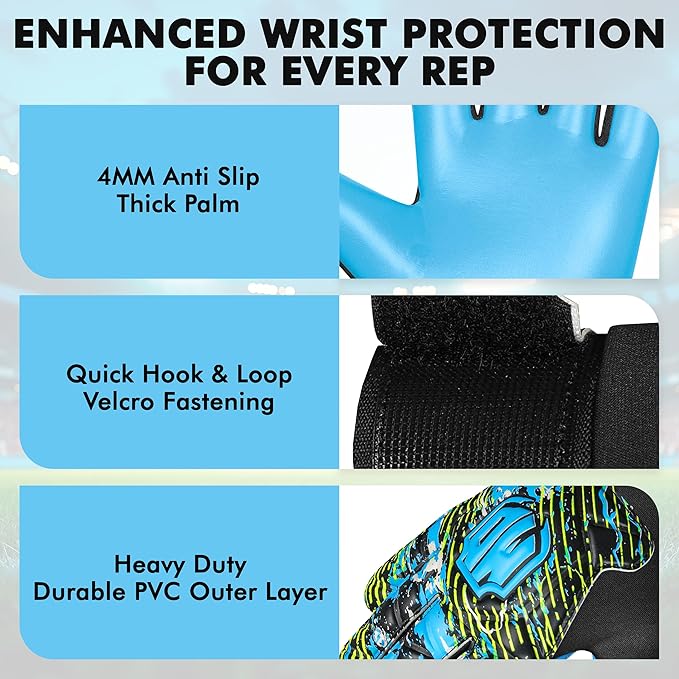 Soccer Goalkeeper Gloves, Double Wrist Protection, Anti-Slip Palm, Youth Kids Size, Black/Yellow/Blue