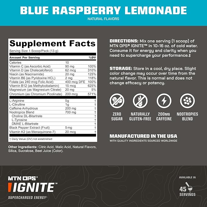 MTN OPS Ignite Energy Drink Powder, Gluten Free Nootropic Supplement Drink Mix, L Arginine, L Citrulline, Caffeine & Nootropic Sugar Free Drink Mix, 45 Servings, Blue Raspberry Lemonade