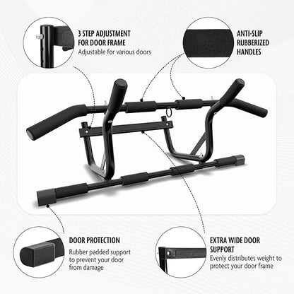 DMoose Fitness Pull Up Bar for Doorway - Upto 250 Lbs Capacity, No Screwing or Slipping, Hanging Pullup & Chin Up Bar for Door Frame - Multi Padded Grips for Strength Training with Installation Guide