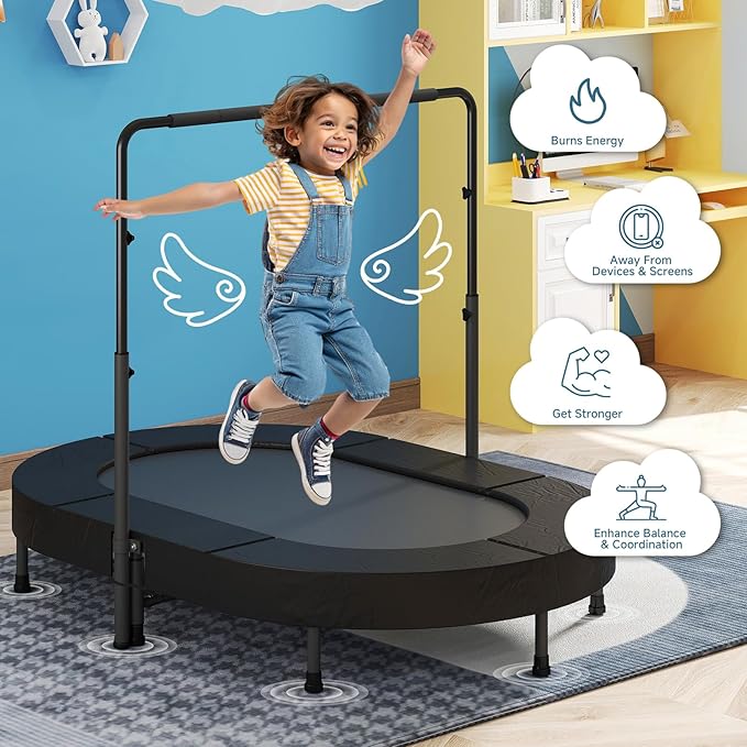 36"x56" Indoor Trampoline for Kids, Foldable Trampoline with Adjustable Handle, Double Trampoline for Boy and Girl, Kids Small Trampoline