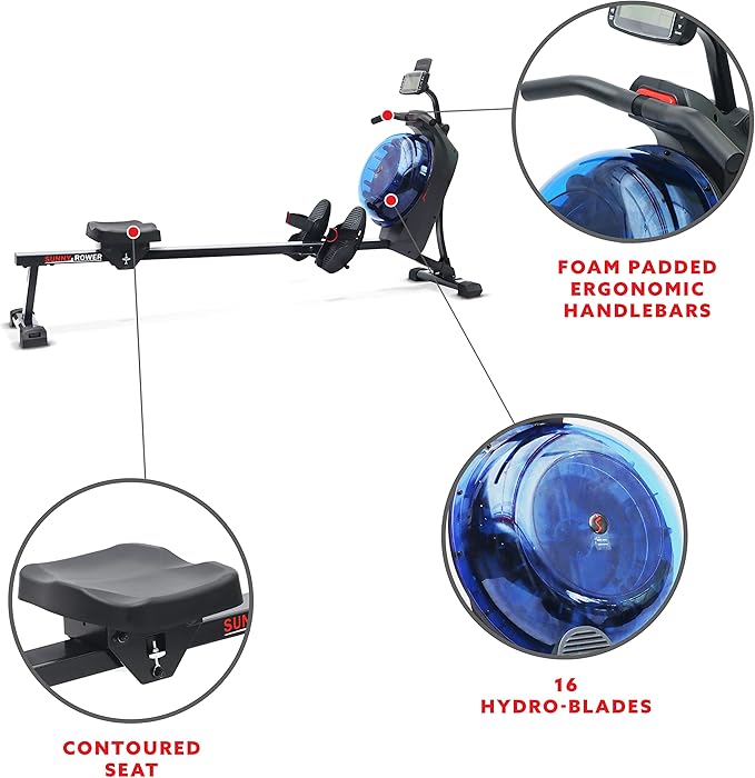 Sunny Health & Fitness Elite Water Rowing Machine with High Dynamic Resistance Vertical Tank, Low-Impact Full-Body Workout and Optional Free SunnyFit App Connectivity