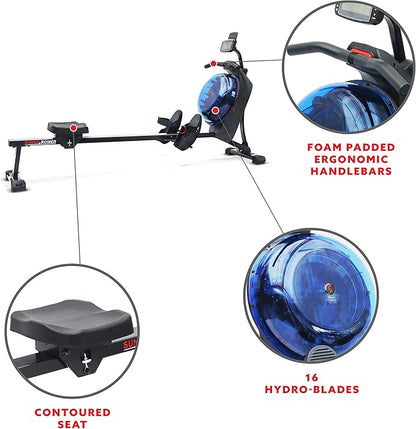 Sunny Health & Fitness Elite Water Rowing Machine with High Dynamic Resistance Vertical Tank, Low-Impact Full-Body Workout and Optional Free SunnyFit App Connectivity