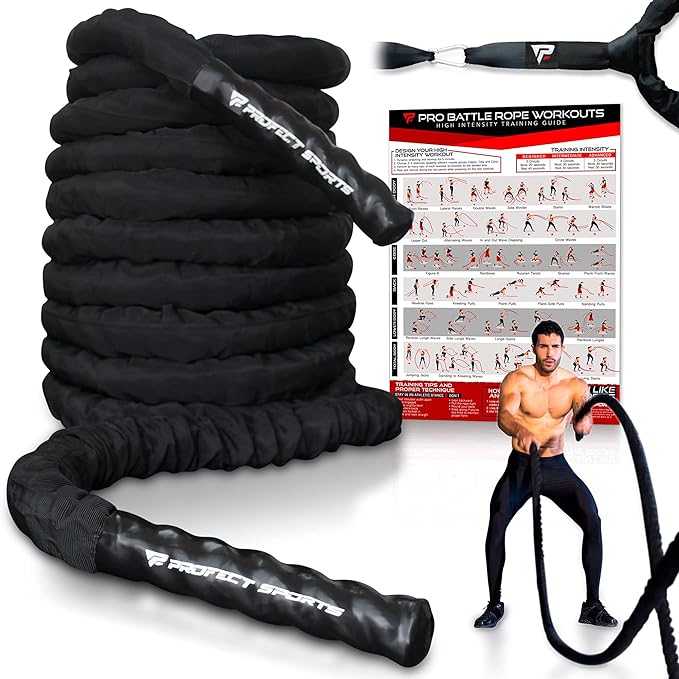 Battle Ropes 50 ft Heavy Duty Battle Rope with Protective Sleeve Black, Plastic, ABS Grip, Adult Strength Training, Cardio, CrossFit