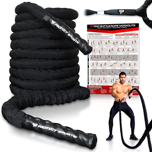 Battle Ropes 50 ft Heavy Duty Battle Rope with Protective Sleeve Black, Plastic, ABS Grip, Adult Strength Training, Cardio, CrossFit