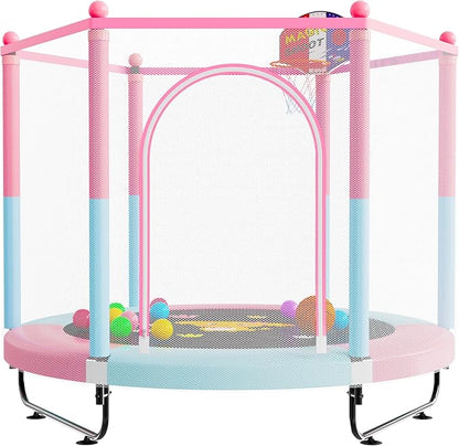 60" Trampoline for Kids, 5 FT Indoor & Outdoor Toddler Baby Trampoline with Basketball Hoop, Safety Enclosure, Birthday Gifts for Kids, Gifts for Boy and Girl, Age 3-8