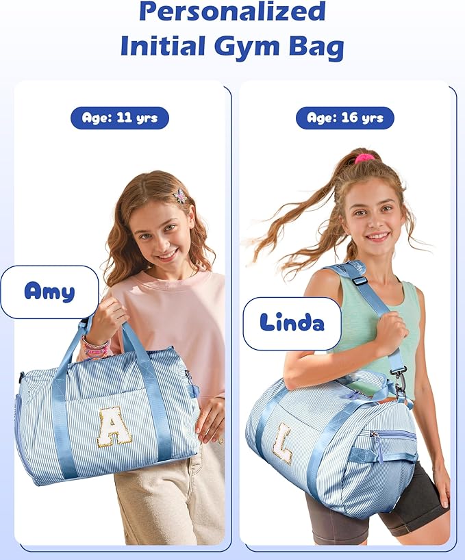 Girls Cheer Up Gifts, Girl Gym Bag, Kids Initial Overnight Duffel Bags with Shoe Compartment, Personalized Travel Bag with Makeup Pouch, Birthday Gift for Niece Daughter (Letter K)