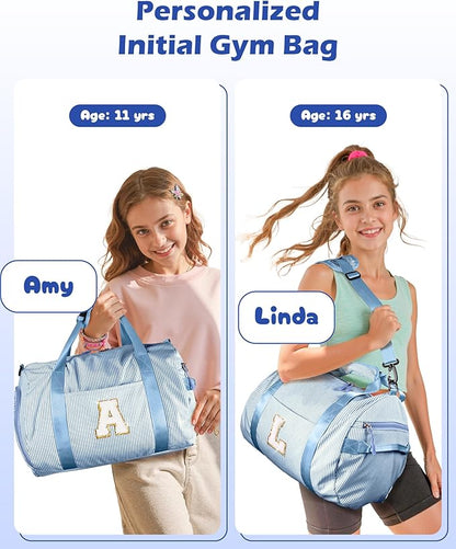 Birthday Gift for Her, Girl Gym Bag, Kids Initial Overnight Duffel Bags with Shoe Compartment, Personalized Travel Bag with Makeup Pouch, Trendy Stuff for Teen Girl Women (Letter L)