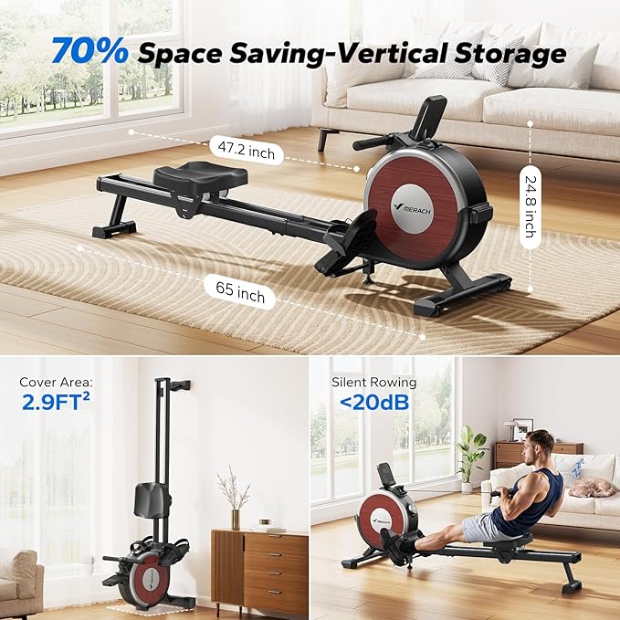 MERACH Rowing Machines for Home, Magnetic Rowing Machine with 16 Levels, Rower Machine of Quiet Resistance, Dual Slide Rail with Max 350lbs Weight Capacity, App Compatible