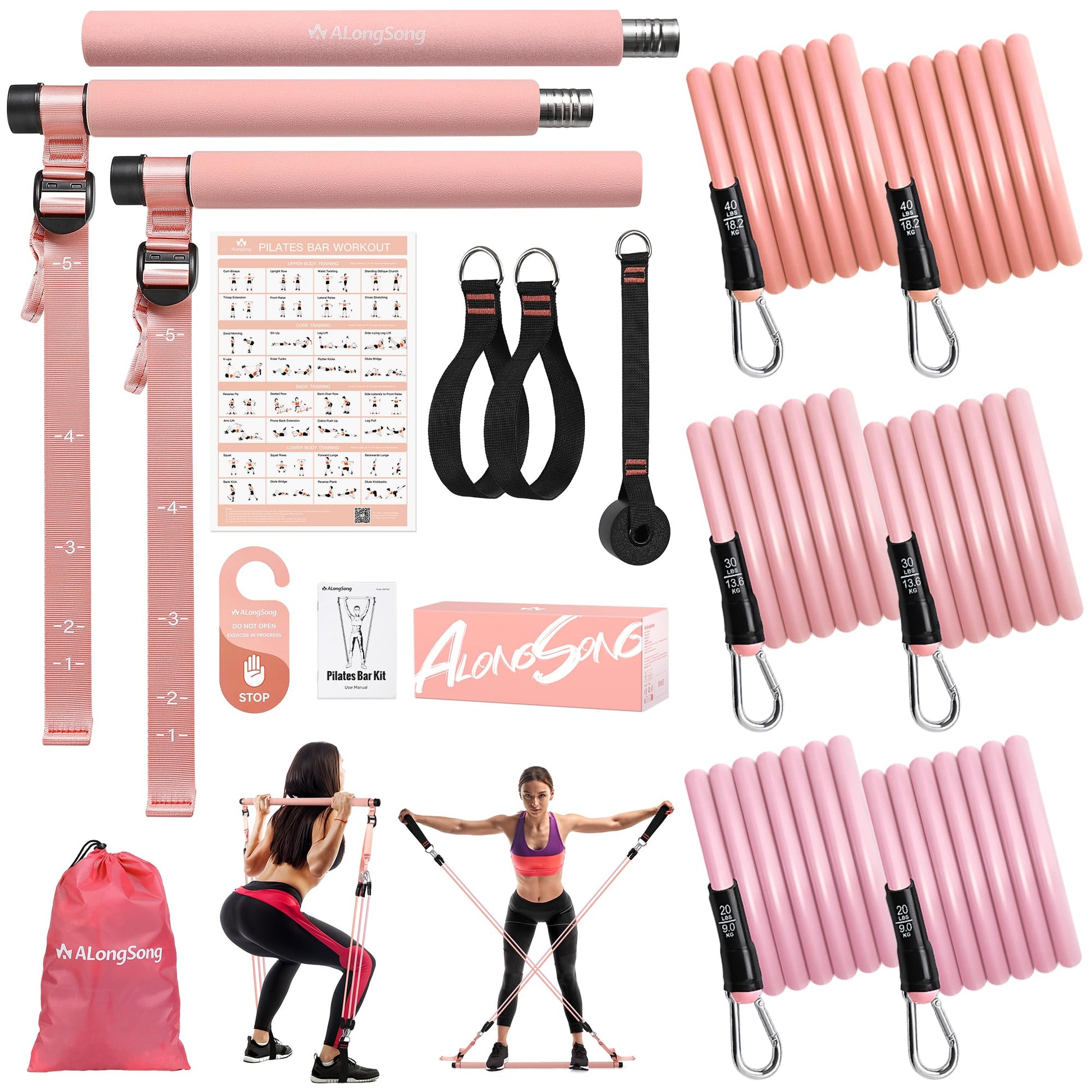 ALongSong Upgraded Pilates Bar Kit with Resistance Bands Natural Latex, Heavy-Duty Stainless Steel