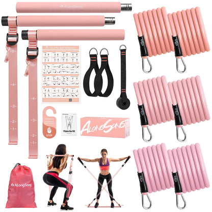 ALongSong Upgraded Pilates Bar Kit with Resistance Bands Natural Latex, Heavy-Duty Stainless Steel