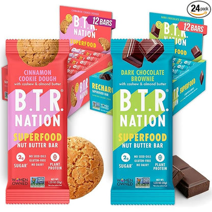 B.T.R. Nation Superfood Keto Protein Bars, Plant Based Vegan - Cinnamon Cookie Dough & Dark Chocolate Brownie | 12 Pack of Each | Low Carb, GF & Calorie, No Sugar Alcohols, Boosted with Superfoods
