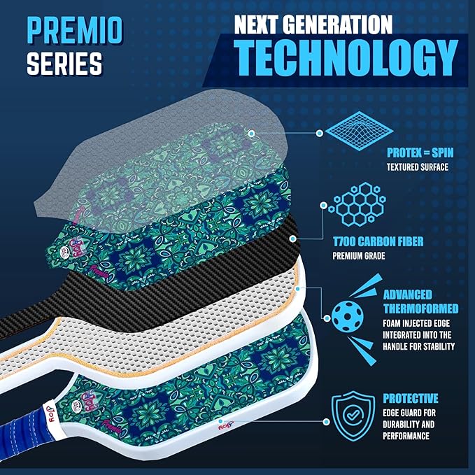 4Joy Pickleball Paddle Premio Series - Thermoformed Premium T700 Carbon Fiber Pickleball Paddless - Professional Pickleball Rackets for Women & Men - 16mm Honeycomb Core - USAP Approved
