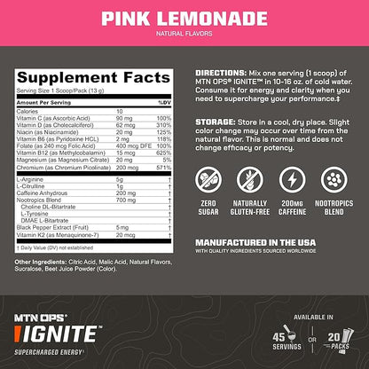 MTN OPS Ignite Energy Drink Powder, Gluten Free Nootropic Supplement Drink Mix, L Arginine, L Citrulline, Caffeine & Nootropic Sugar Free Drink Mix, 45 Servings, Pink Lemonade