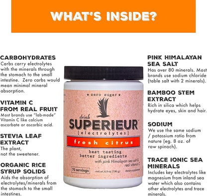 Superieur Electrolytes ??Plant Based Electrolyte Supplement w/Sea Minerals for Hydration & Recovery ??Keto Friendly, Non-GMO, Zero Sugar, Vegan Healthy Sports Drink Powder ??Citrus (70 Servings)