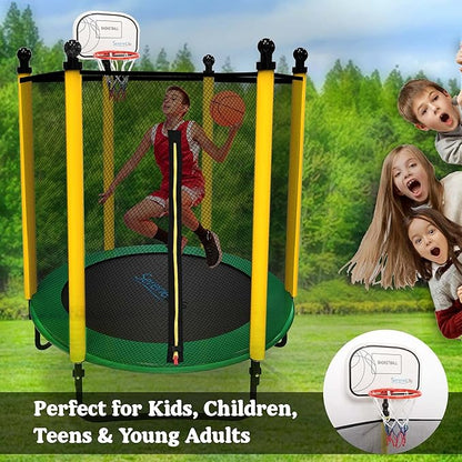 SereneLife 5FT Outdoor & Indoor Trampoline for Kids – Durable Mini Toddler Trampoline with Net Enclosure & Basketball Hoop - Supports 176 lbs, 60"x76"