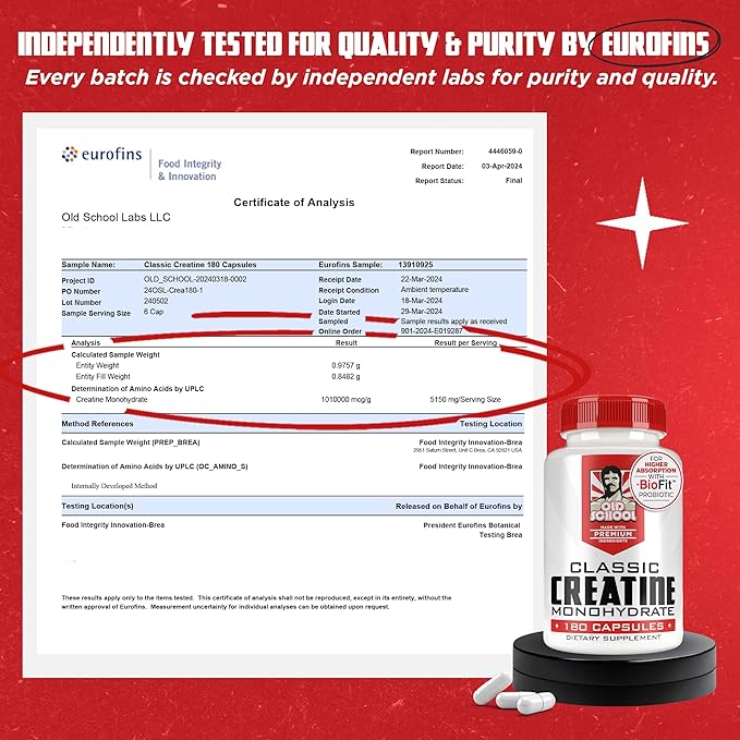 Old School Labs 5000mg Creatine Monohydrate Capsules With BioFit™ (Max Strength) Supports Muscle Growth & Recovery, Performance, Cognitive Health - Creatine Pills for Men & Women, Made in USA 180 Caps