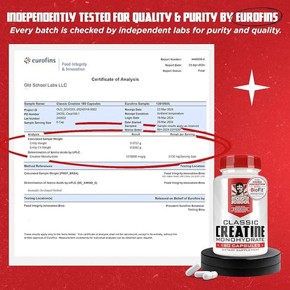 Old School Labs 5000mg Creatine Monohydrate Capsules With BioFit™ (Max Strength) Supports Muscle Growth & Recovery, Performance, Cognitive Health - Creatine Pills for Men & Women, Made in USA 180 Caps