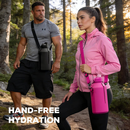 POWCAN 64 oz Insulated Water Bottle for Sports: 2-in-1 Straw & Spout Lid, Leakproof, Carrier Bag