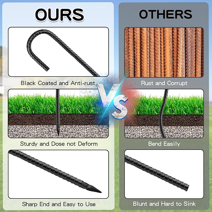 Black Rebar Stakes 12inx6mm Galvanized J Hook 20pcs – Heavy Duty Ground Tent Stakes for Fence,Bounce House,Outdoor Plants,Artificial Turf,Dog Coop,Metal Stakes for Christmas Decorations