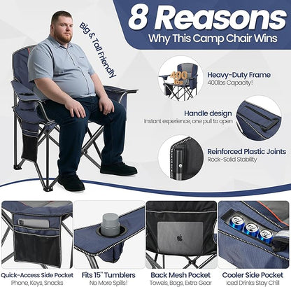 2 Pack Heavy Duty Oversized Camping Chair for Adults 400lbs w/Lumbar Support - Folding Chairs with Side Pocket, Cup Holder & Cooler Bag for Beach, Fishing, Lawn, Backyard Navy Blue