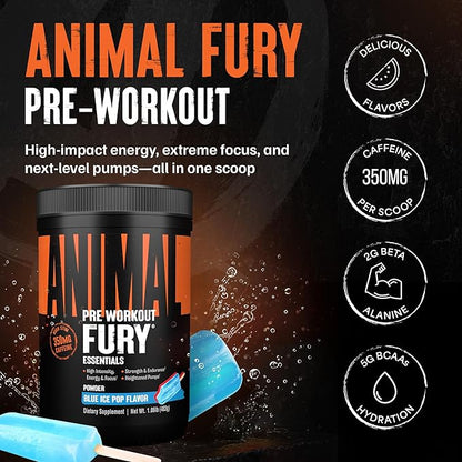Animal Fury Pre Workout Powder ??Blue Ice Pop, 350mg Caffeine, BCAA Amino Acids, 2g Beta Alanine, Citrulline & Tyrosine, Energy, Focus, Strength, Endurance, Preworkout for Men & Women, 30 Servings